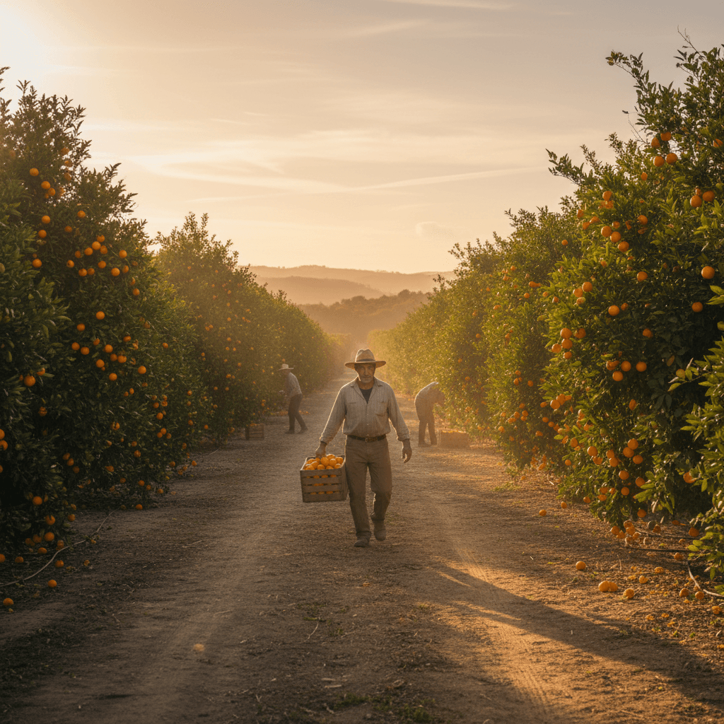 Farmer walking through a Moroccan citrus orchard