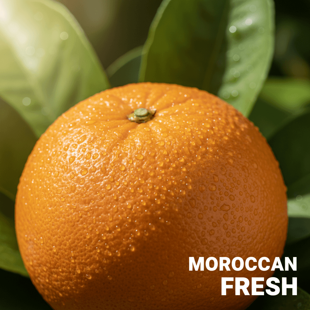 Close-up of a ripe orange with dewy skin against a green leaf backdrop