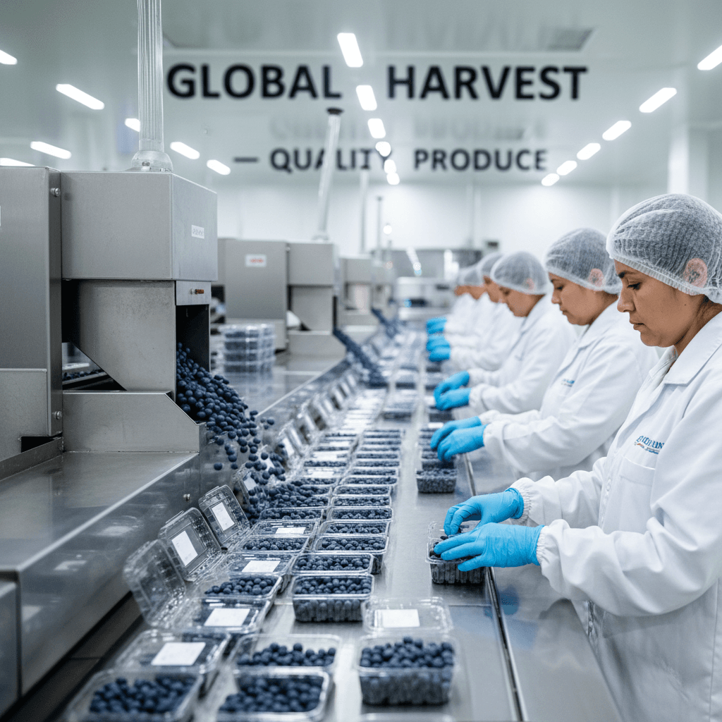 Workers packing blueberries into clamshells in a clean facility