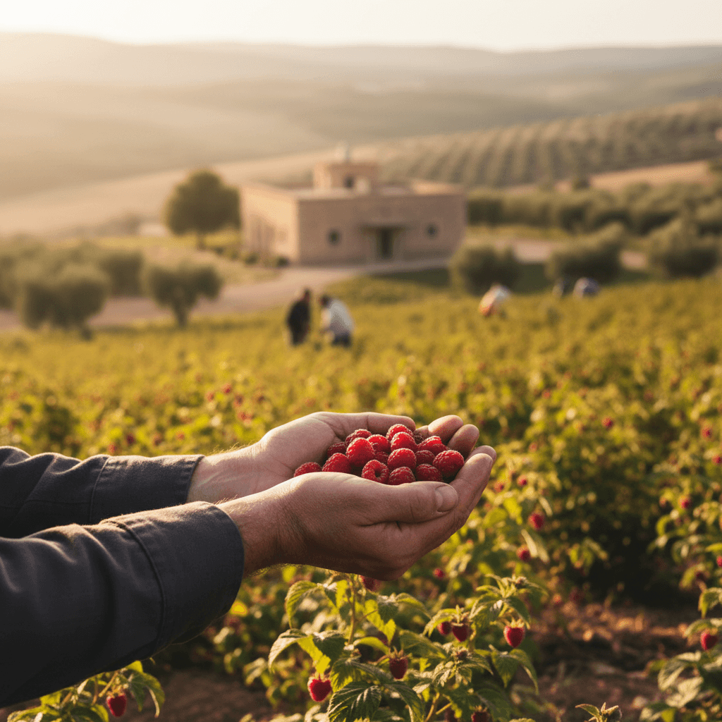 Hands holding freshly picked raspberries in a sunlit field