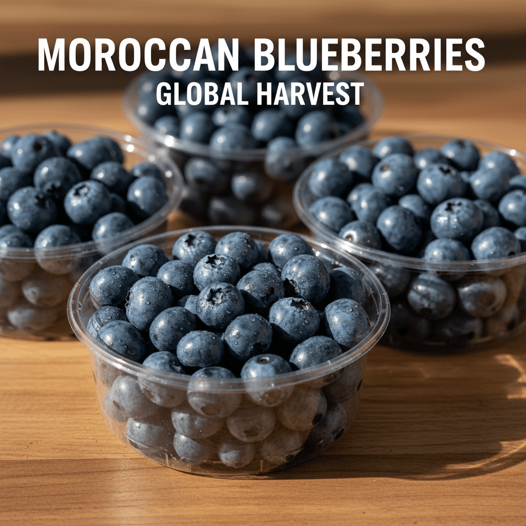 Fresh Moroccan blueberries in clear containers on a wooden surface