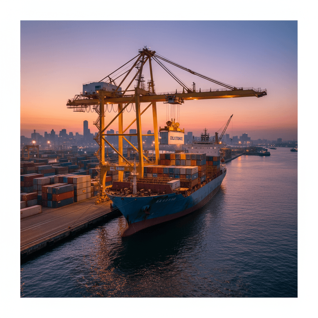 Crane loading a refrigerated container onto a cargo ship at dusk