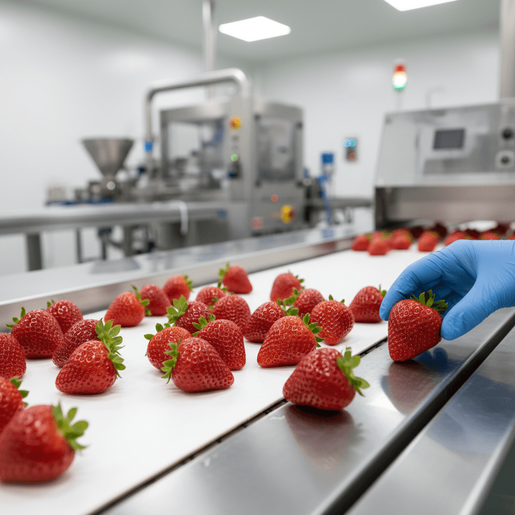 Quality control inspector examining premium fresh strawberries on industrial conveyor belt in processing facility