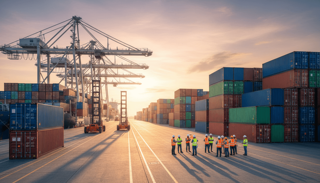 Cargo ship loaded with shipping containers at a busy port