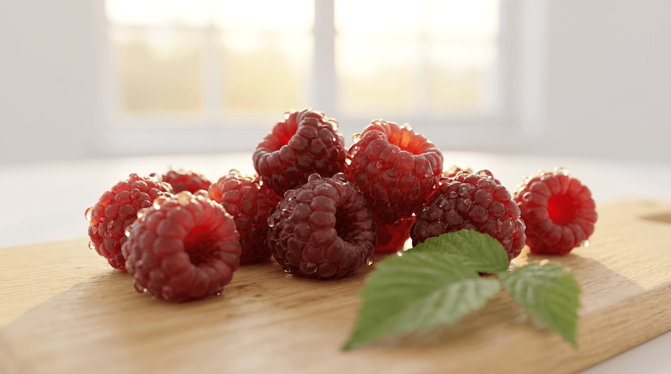 Macro shot of glistening fresh raspberries with water droplets on soft wooden surface in studio lighting.