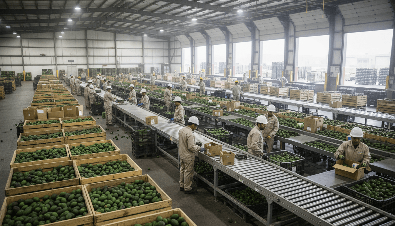 Modern agricultural warehouse bustling with workers sorting and packing fresh avocado fruit in organized crates and containers