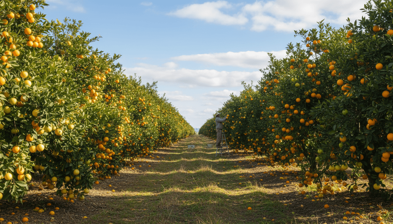 Wide panoramic view of mature citrus orchard with rows of fruit-laden trees under clear blue sky